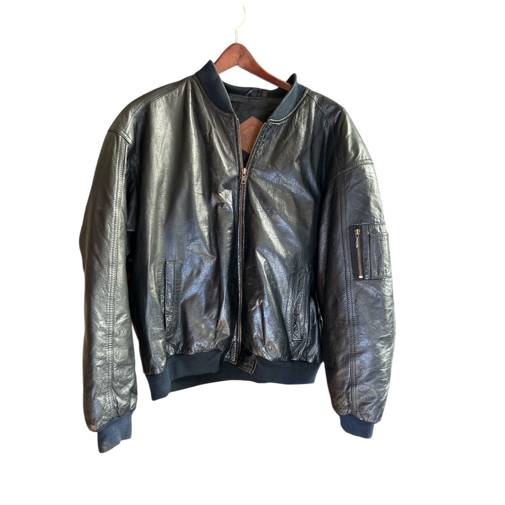Mens Weekends Leather Bomber Jacket Full Zip Pockets‎ Retro Classic Large
